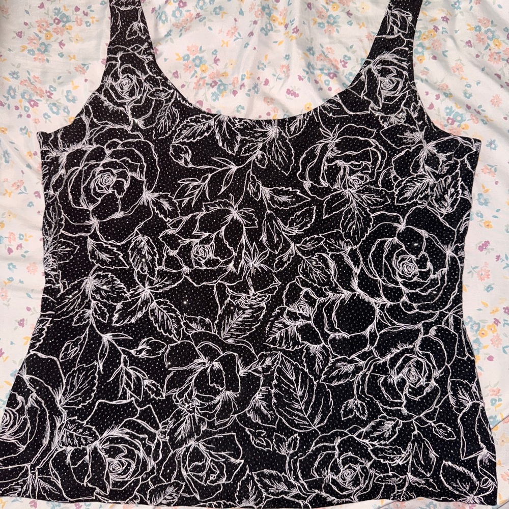 Alex Evenings Black and White Floral Tank Top